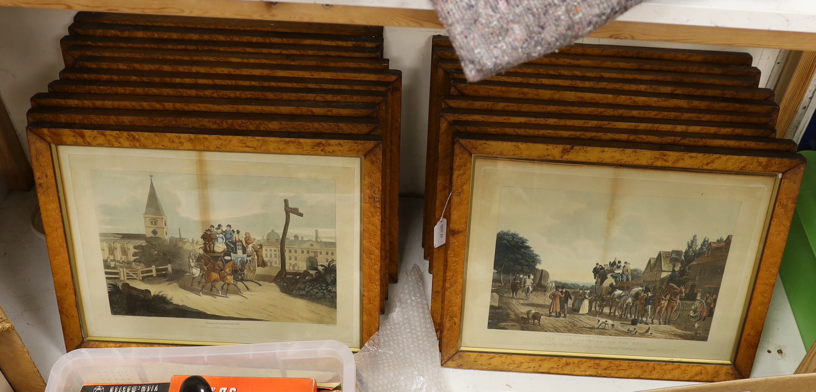 Rosenberg after Agasse, set of nineteen colour prints, Coaching and inn scenes, 38 x 50cm, maple framed, NB: From the Estate of Rt Hon Lord Lawson of Blaby